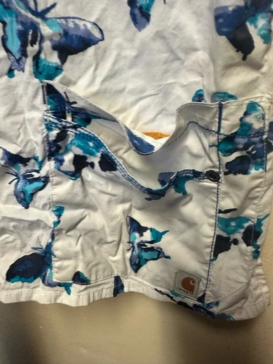 Carhartt White Scrub Top with Mustard Trim blue butterflys - Picture 3 of 3